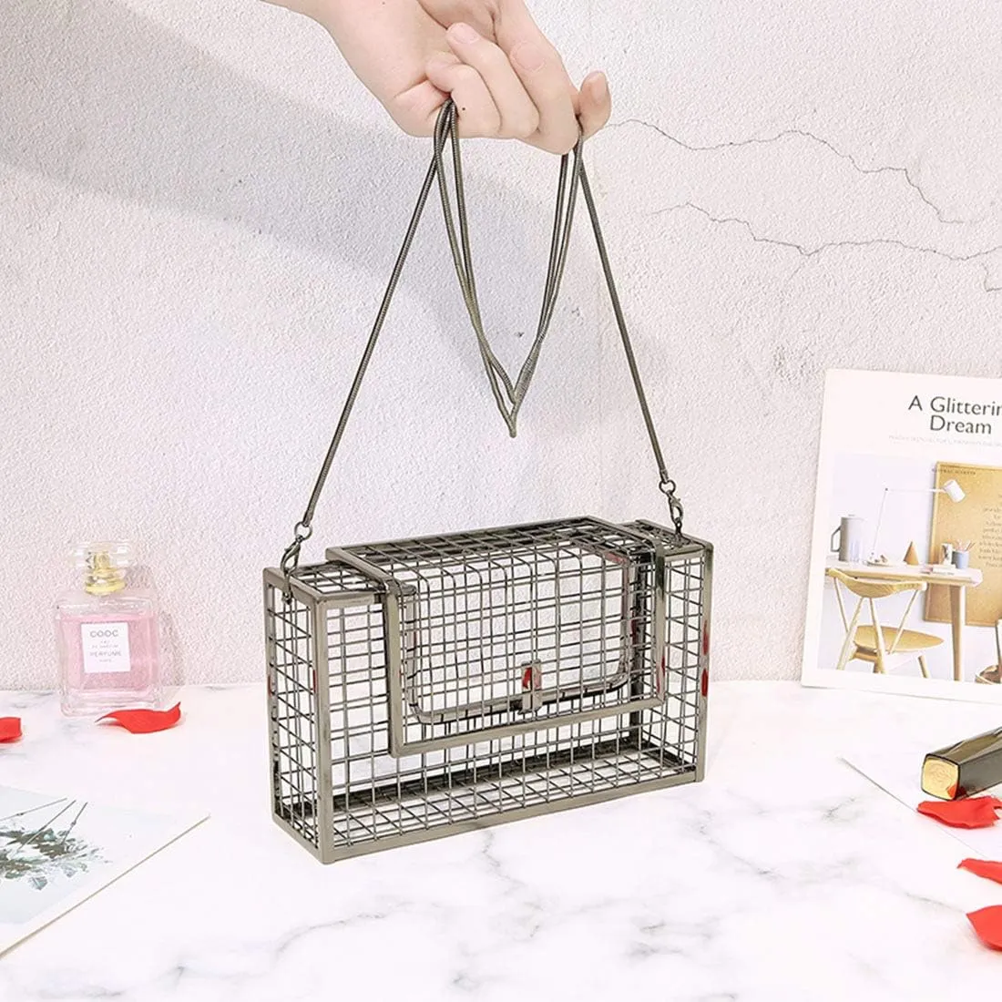 LETODE Women's Elegant Chain Cross-body Bag Metal Hollow Cage Clutch