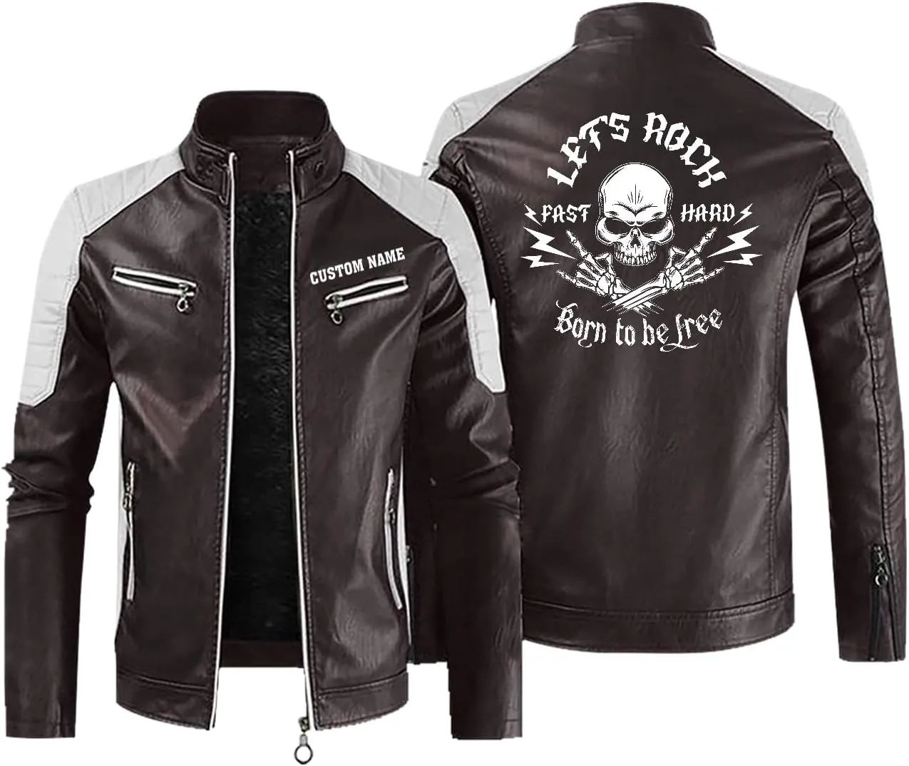Let's Rock, Fast and Hard, Born to be Free, Music Skull Rocker, Motorcycle Custom Men PU Leather Vest Jacket