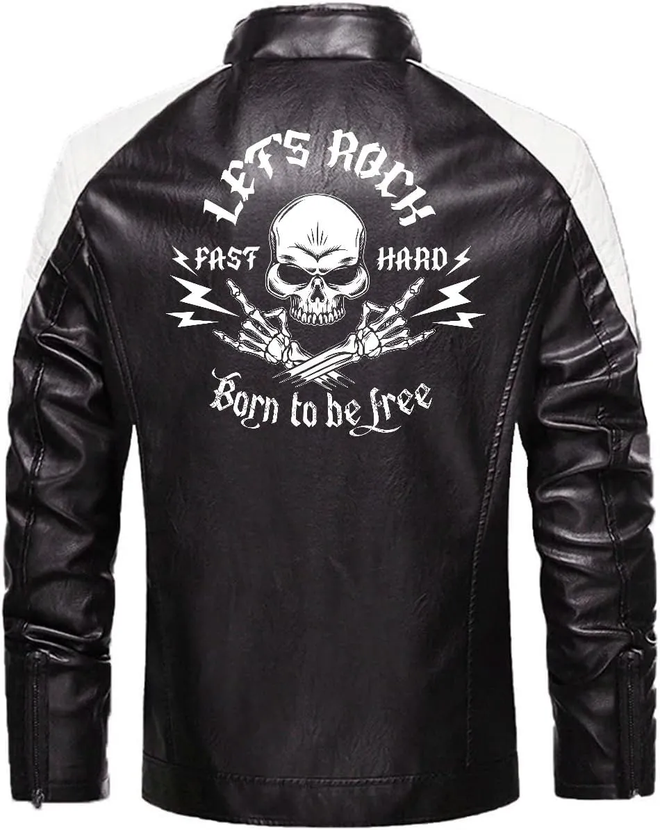 Let's Rock, Fast and Hard, Born to be Free, Music Skull Rocker, Motorcycle Custom Men PU Leather Vest Jacket