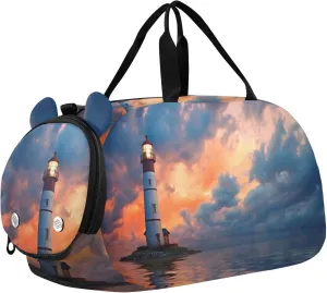 Lighthouse Pattern Duffle Bag for Girl, Sports Duffle Gym Bags with Shoe Compartment, Personalized Overnight Bag Travel Weekender for Kids