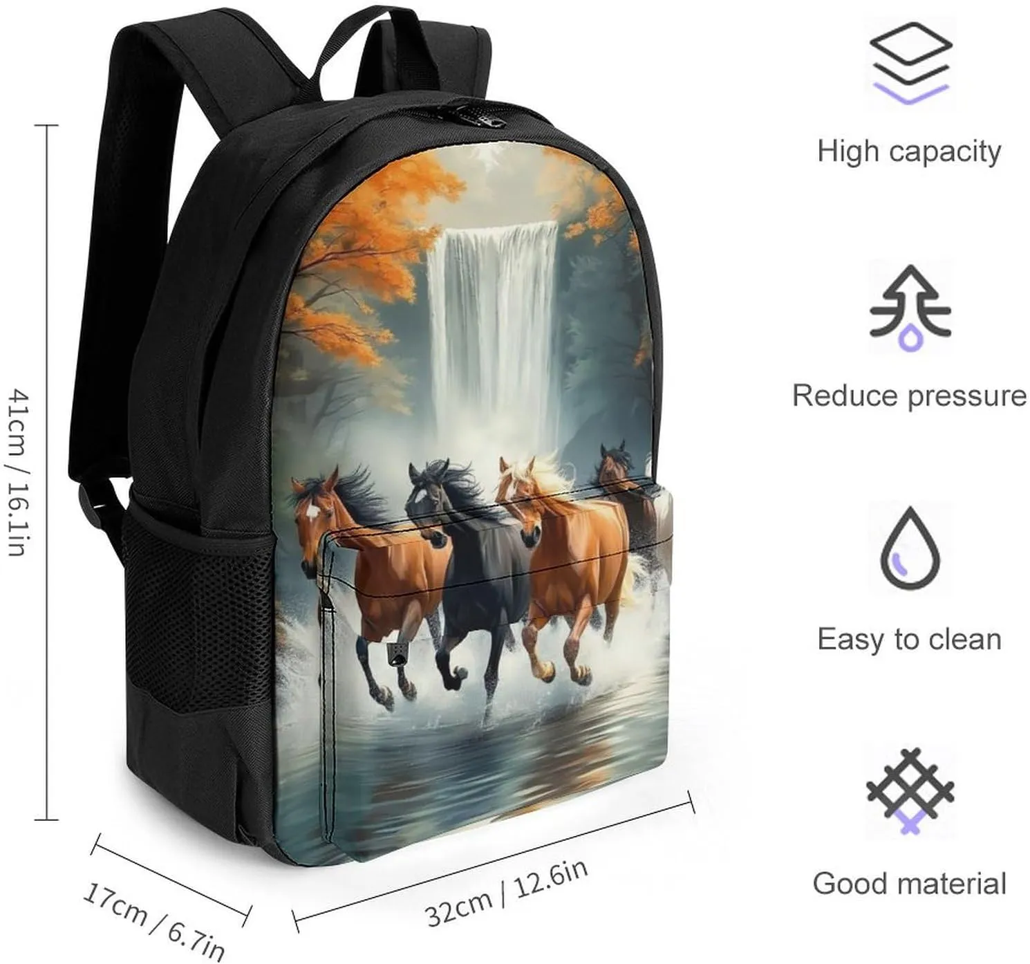 Lightweight Daypack Bookbag for Trekking Business Walking Cycling - Big Capacity Anti-Theft Multipurpose Carry On Bag, Wild Animal Horses Running In River Water Horse Business Computer Bag