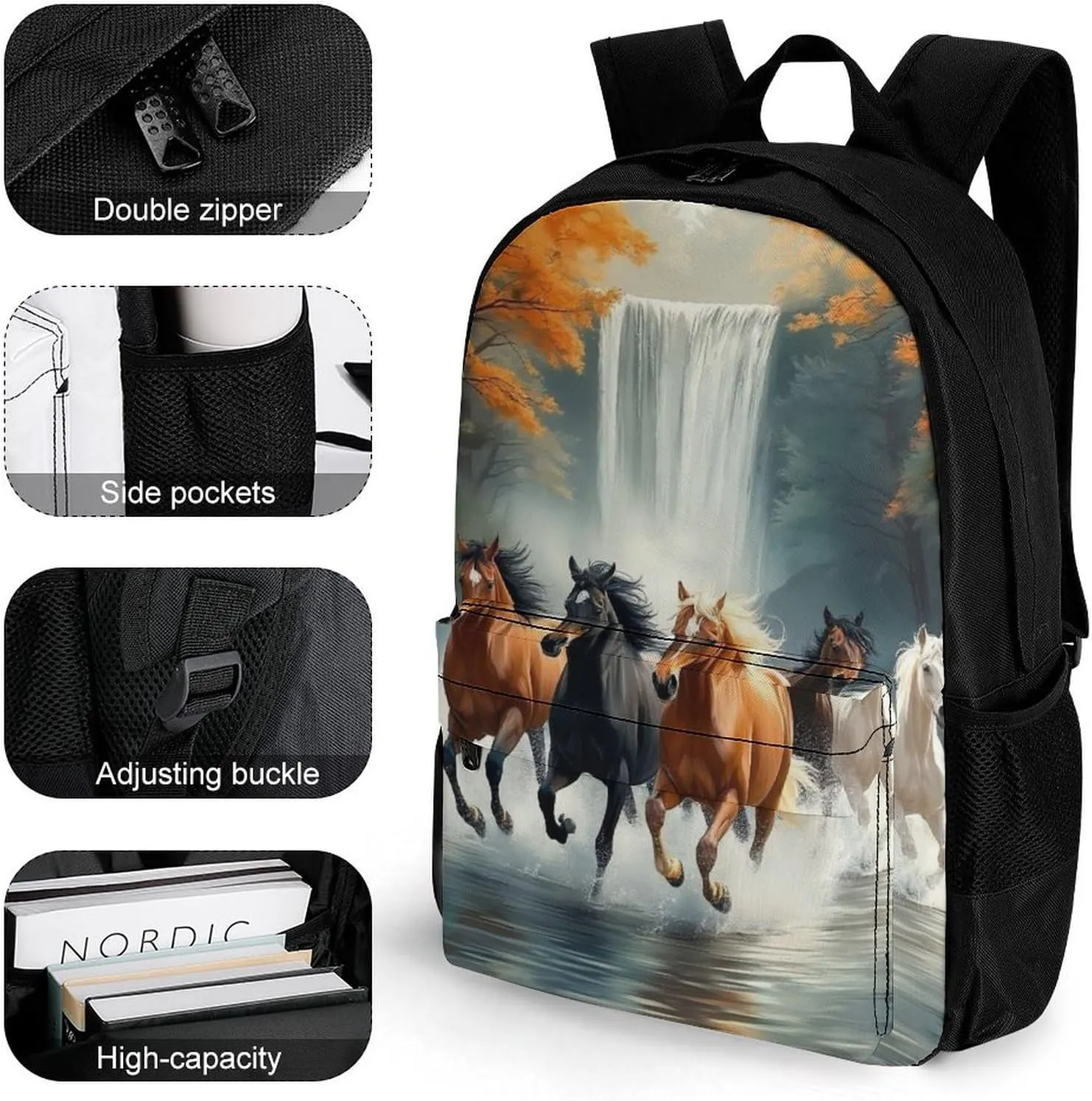 Lightweight Daypack Bookbag for Trekking Business Walking Cycling - Big Capacity Anti-Theft Multipurpose Carry On Bag, Wild Animal Horses Running In River Water Horse Business Computer Bag