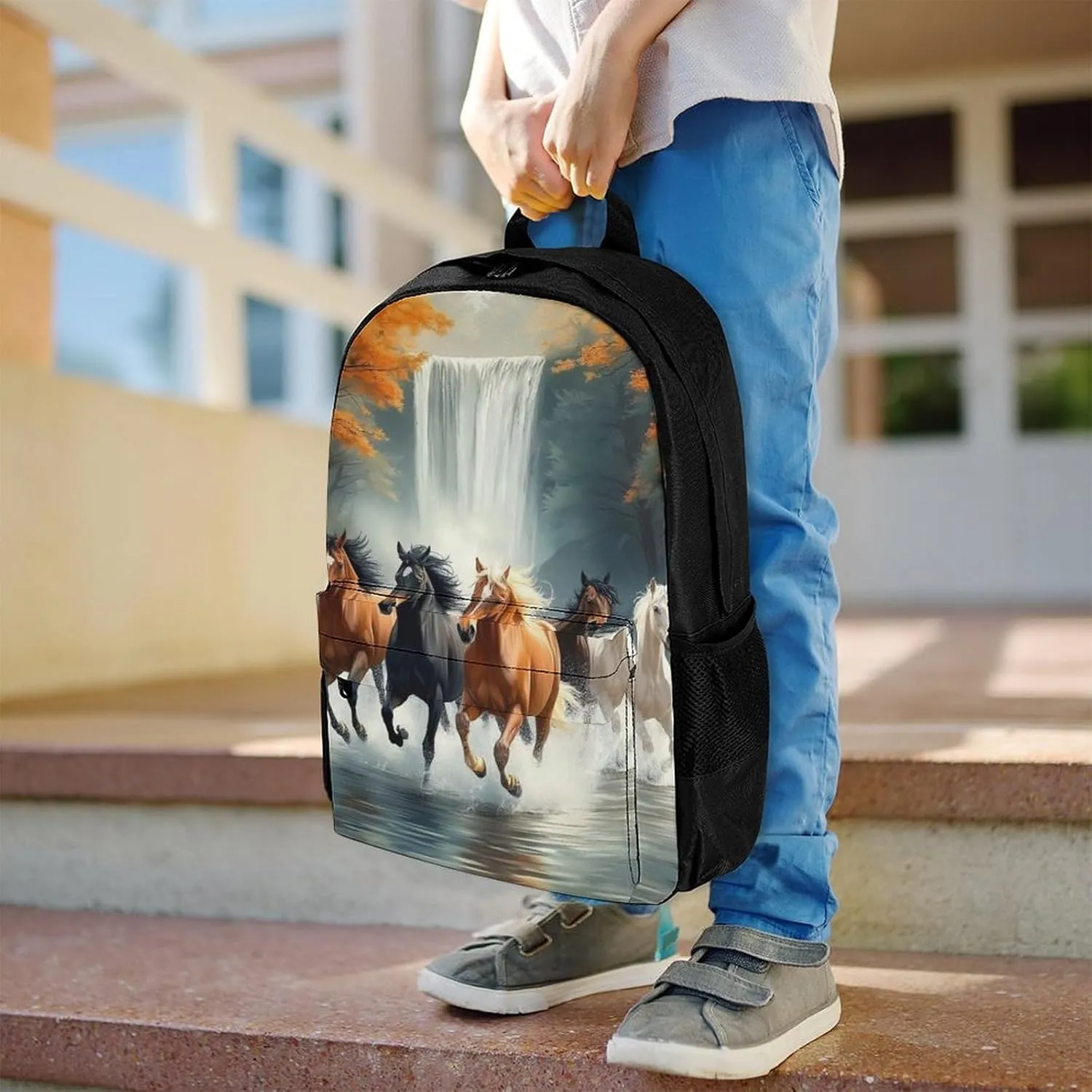 Lightweight Daypack Bookbag for Trekking Business Walking Cycling - Big Capacity Anti-Theft Multipurpose Carry On Bag, Wild Animal Horses Running In River Water Horse Business Computer Bag