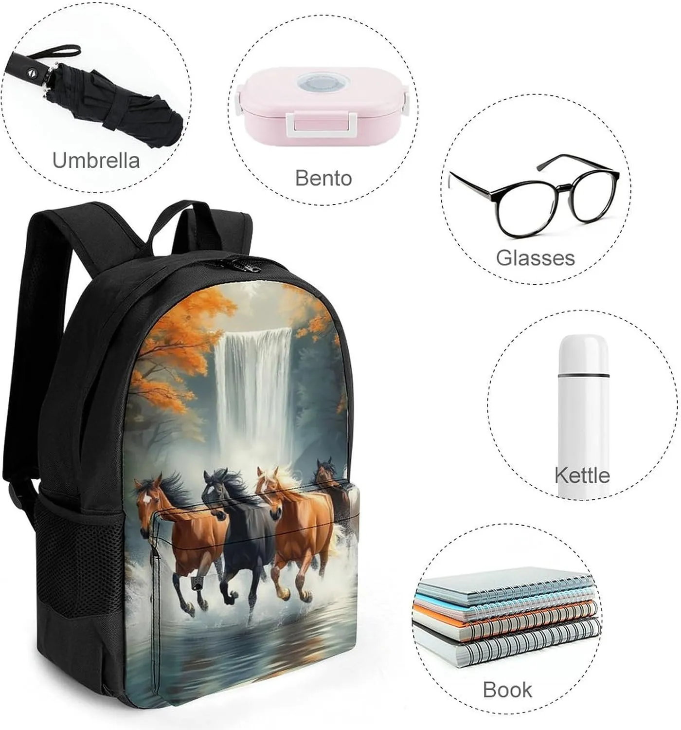 Lightweight Daypack Bookbag for Trekking Business Walking Cycling - Big Capacity Anti-Theft Multipurpose Carry On Bag, Wild Animal Horses Running In River Water Horse Business Computer Bag