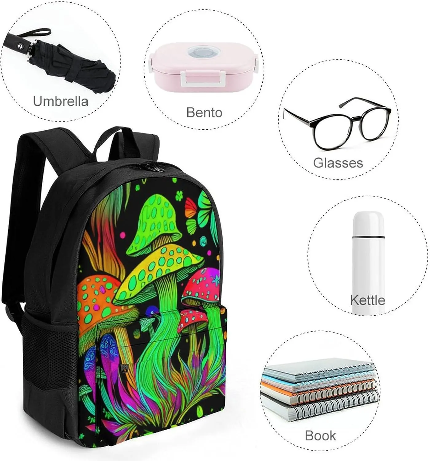 Lightweight Daypack for Camping Business Walking Cycling - Large Capacity Anti-Theft Multipurpose Bookbag, Psychedelic Mushroom Trippy Magic Art Gym Outdoor Hiking Backpack