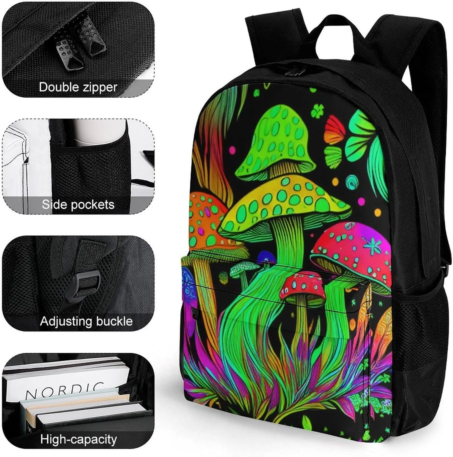 Lightweight Daypack for Camping Business Walking Cycling - Large Capacity Anti-Theft Multipurpose Bookbag, Psychedelic Mushroom Trippy Magic Art Gym Outdoor Hiking Backpack