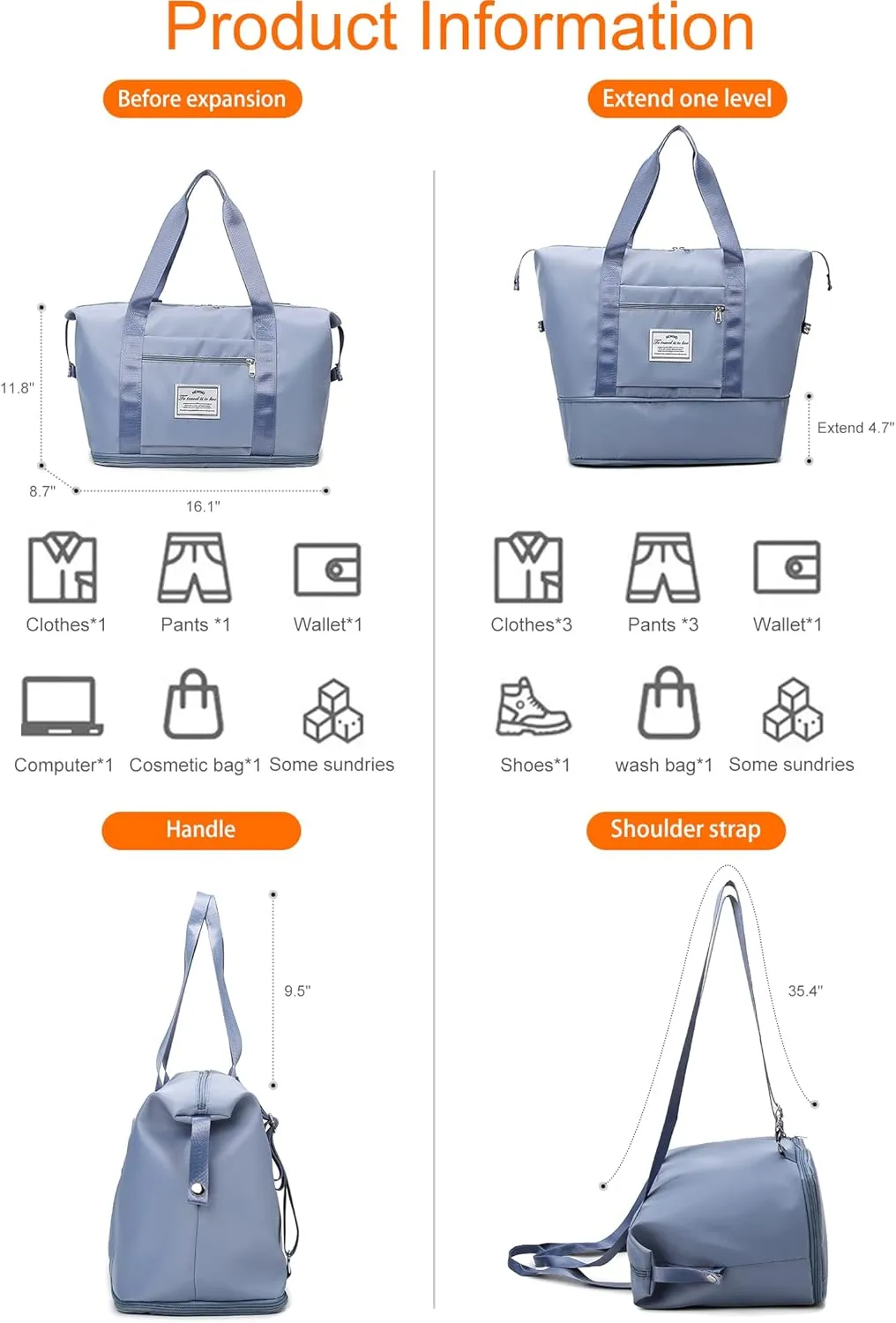 Lightweight Expandable Double Shoulder Strap&Capacity Travel Duffel Bag, Sports Tote Gym Bag, Shoulder Weekender Overnight Bag with Wet Pocket for Women (Blue)
