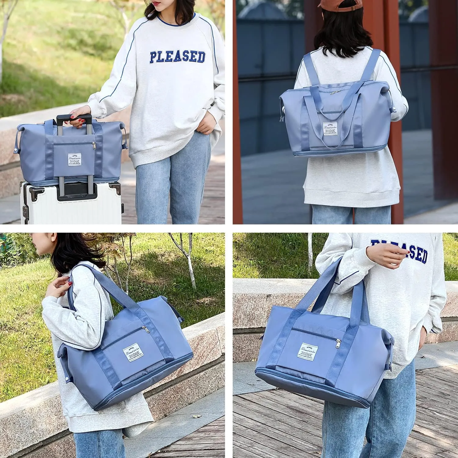 Lightweight Expandable Double Shoulder Strap&Capacity Travel Duffel Bag, Sports Tote Gym Bag, Shoulder Weekender Overnight Bag with Wet Pocket for Women (Blue)