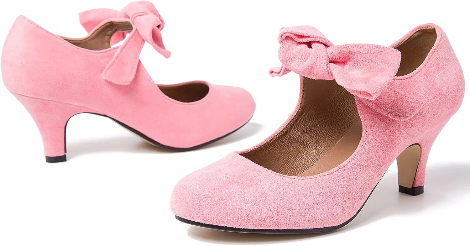 LIURUIJIA Women's Bow Heels Mary Jane Kitten Heel Pumps Round Toe Low Heels Ankle Strap Wedding Evening Party Dress Shoes