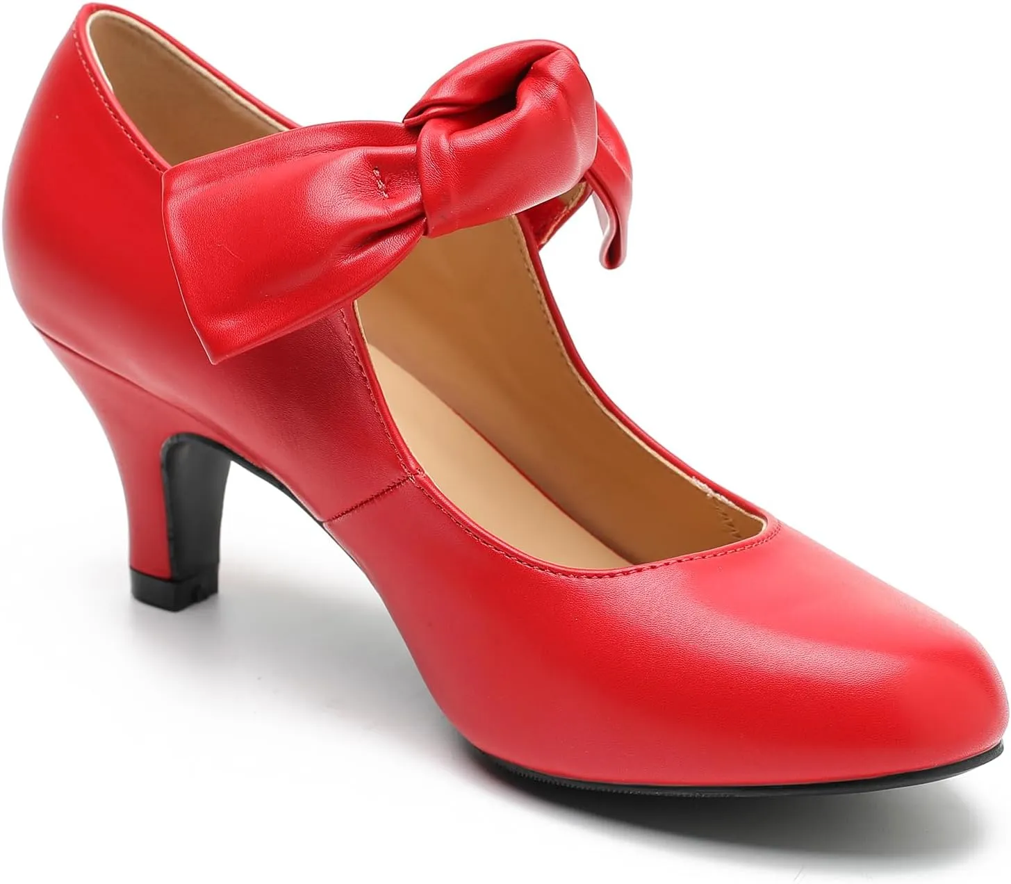 LIURUIJIA Women's Bow Heels Mary Jane Kitten Heel Pumps Round Toe Low Heels Ankle Strap Wedding Evening Party Dress Shoes