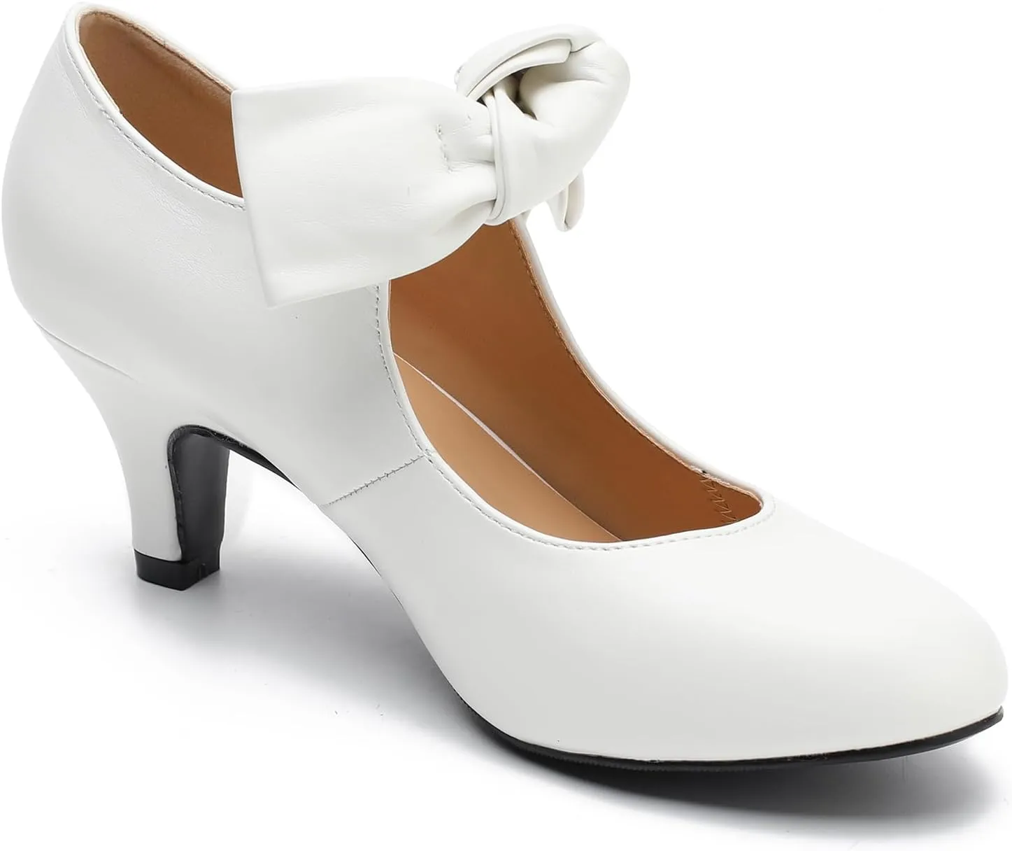 LIURUIJIA Women's Bow Heels Mary Jane Kitten Heel Pumps Round Toe Low Heels Ankle Strap Wedding Evening Party Dress Shoes