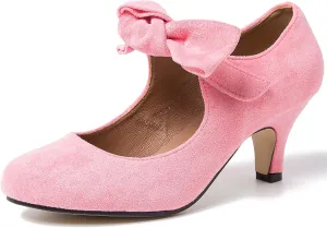 LIURUIJIA Women's Bow Heels Mary Jane Kitten Heel Pumps Round Toe Low Heels Ankle Strap Wedding Evening Party Dress Shoes