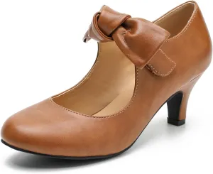 LIURUIJIA Women's Bow Heels Mary Jane Kitten Heel Pumps Round Toe Low Heels Ankle Strap Wedding Evening Party Dress Shoes