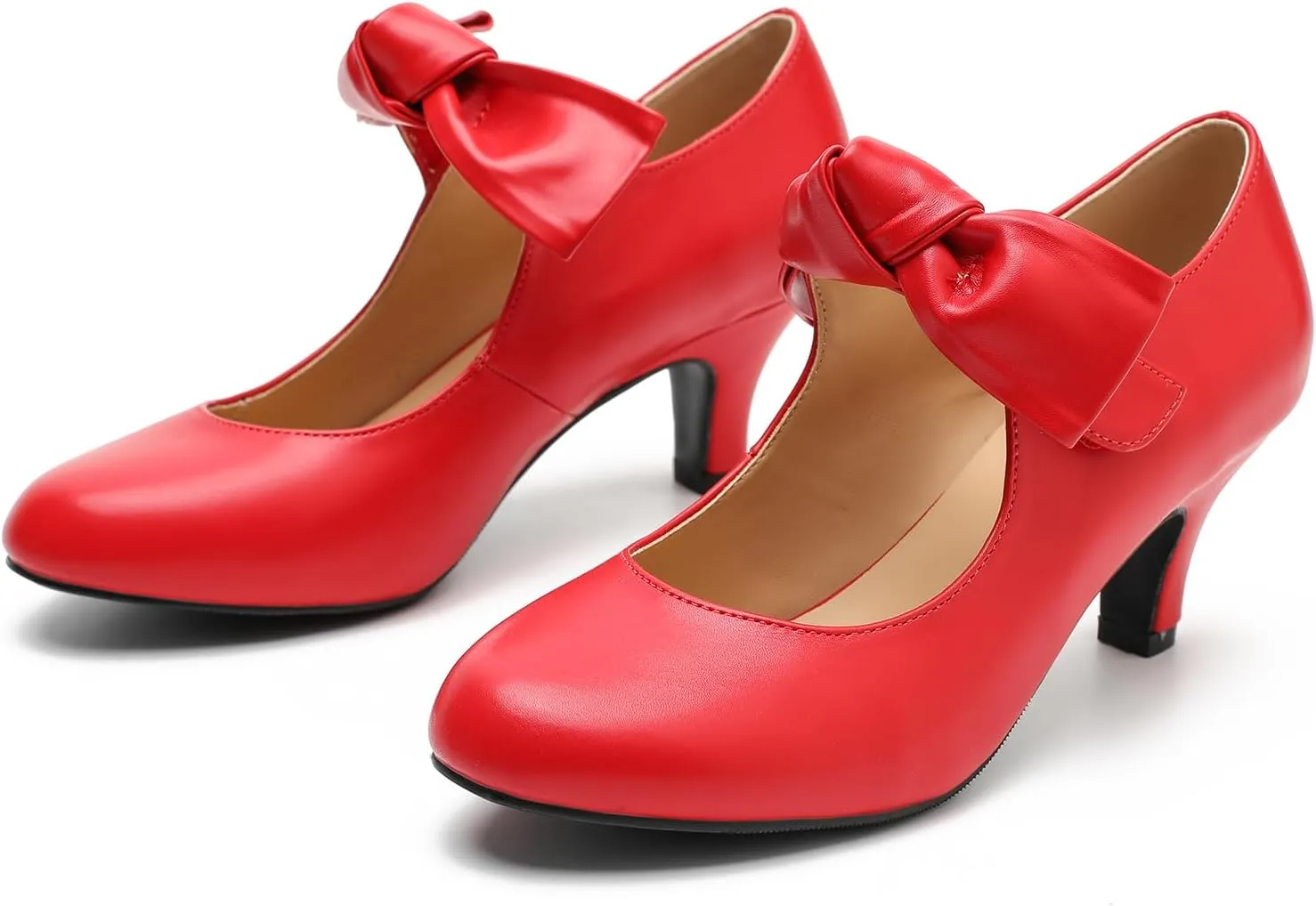 LIURUIJIA Women's Bow Heels Mary Jane Kitten Heel Pumps Round Toe Low Heels Ankle Strap Wedding Evening Party Dress Shoes