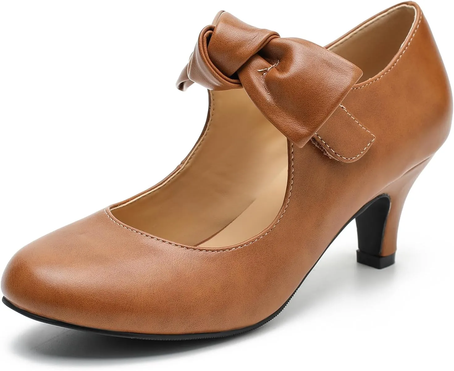 LIURUIJIA Women's Bow Heels Mary Jane Kitten Heel Pumps Round Toe Low Heels Ankle Strap Wedding Evening Party Dress Shoes