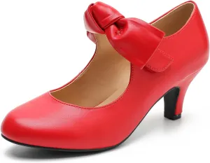 LIURUIJIA Women's Bow Heels Mary Jane Kitten Heel Pumps Round Toe Low Heels Ankle Strap Wedding Evening Party Dress Shoes