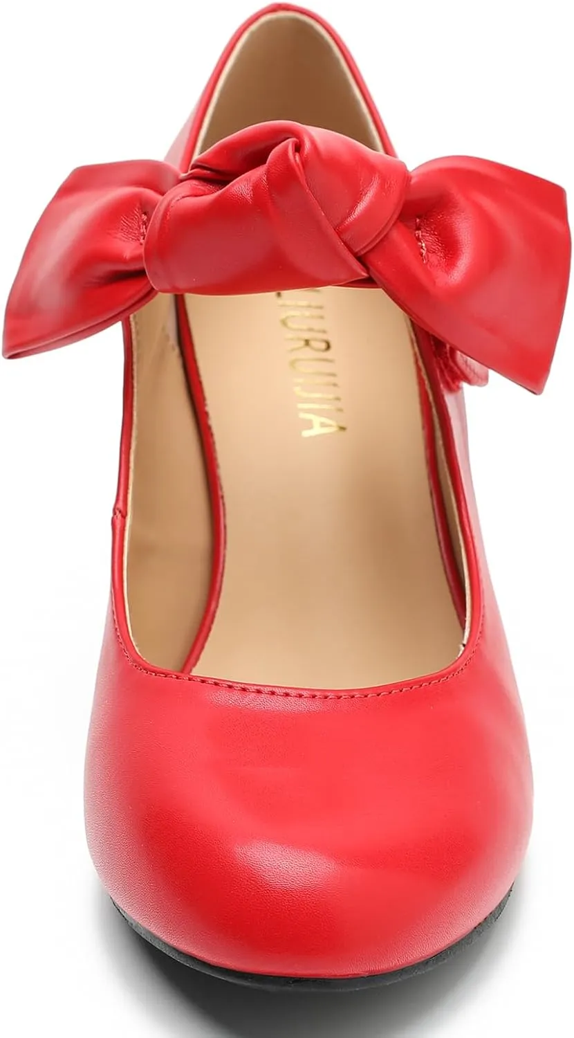 LIURUIJIA Women's Bow Heels Mary Jane Kitten Heel Pumps Round Toe Low Heels Ankle Strap Wedding Evening Party Dress Shoes