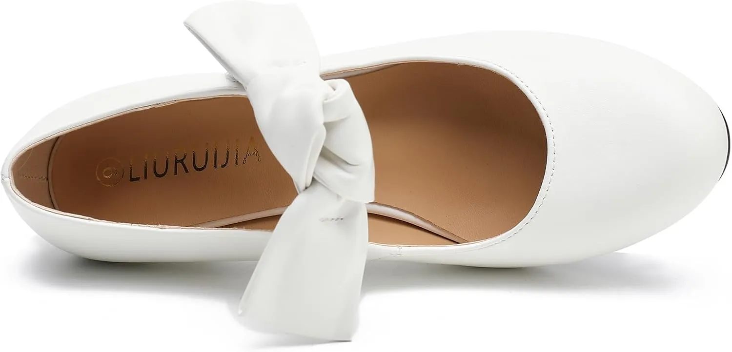 LIURUIJIA Women's Bow Heels Mary Jane Kitten Heel Pumps Round Toe Low Heels Ankle Strap Wedding Evening Party Dress Shoes