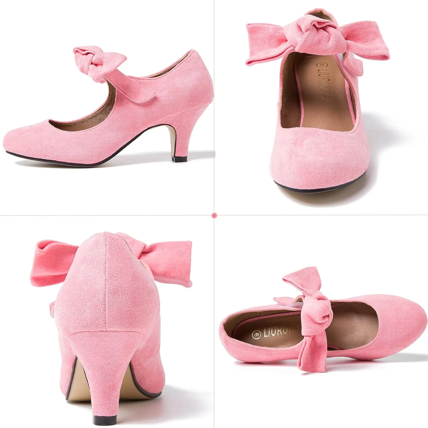 LIURUIJIA Women's Bow Heels Mary Jane Kitten Heel Pumps Round Toe Low Heels Ankle Strap Wedding Evening Party Dress Shoes