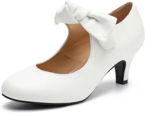 LIURUIJIA Women's Bow Heels Mary Jane Kitten Heel Pumps Round Toe Low Heels Ankle Strap Wedding Evening Party Dress Shoes
