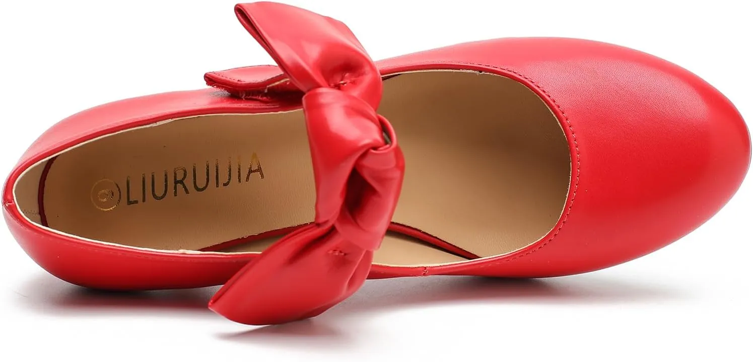 LIURUIJIA Women's Bow Heels Mary Jane Kitten Heel Pumps Round Toe Low Heels Ankle Strap Wedding Evening Party Dress Shoes