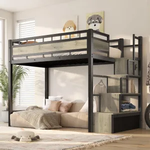 Loft Bed Twin Size with Stairs, Heavy Duty Metal Loft Bed Frame with Storage and Large Under-Bed Space for Teens and Junior, Space Saving Design & No Box Spring Needed, Black