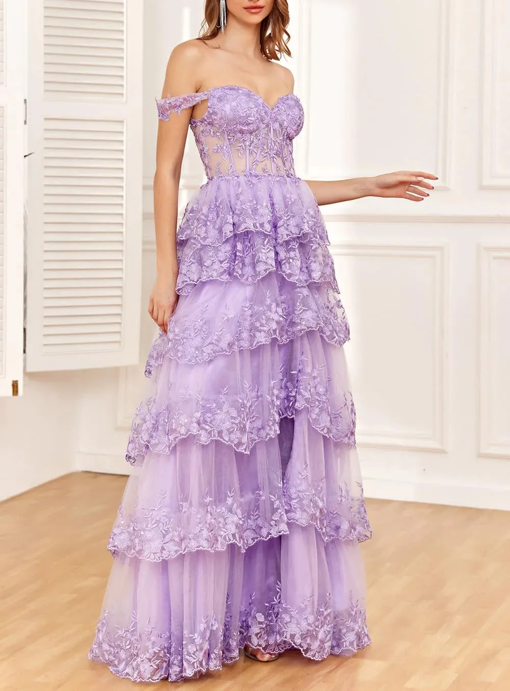 Long Formal Dresses Elegant Off Shoulder Corset Tiered Prom Dress with Slit