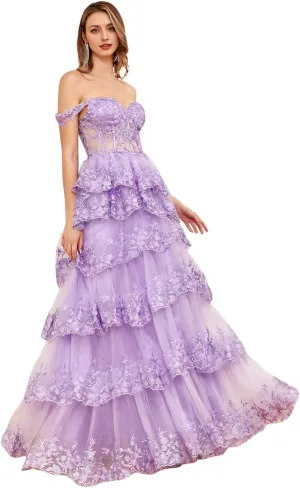 Long Formal Dresses Elegant Off Shoulder Corset Tiered Prom Dress with Slit