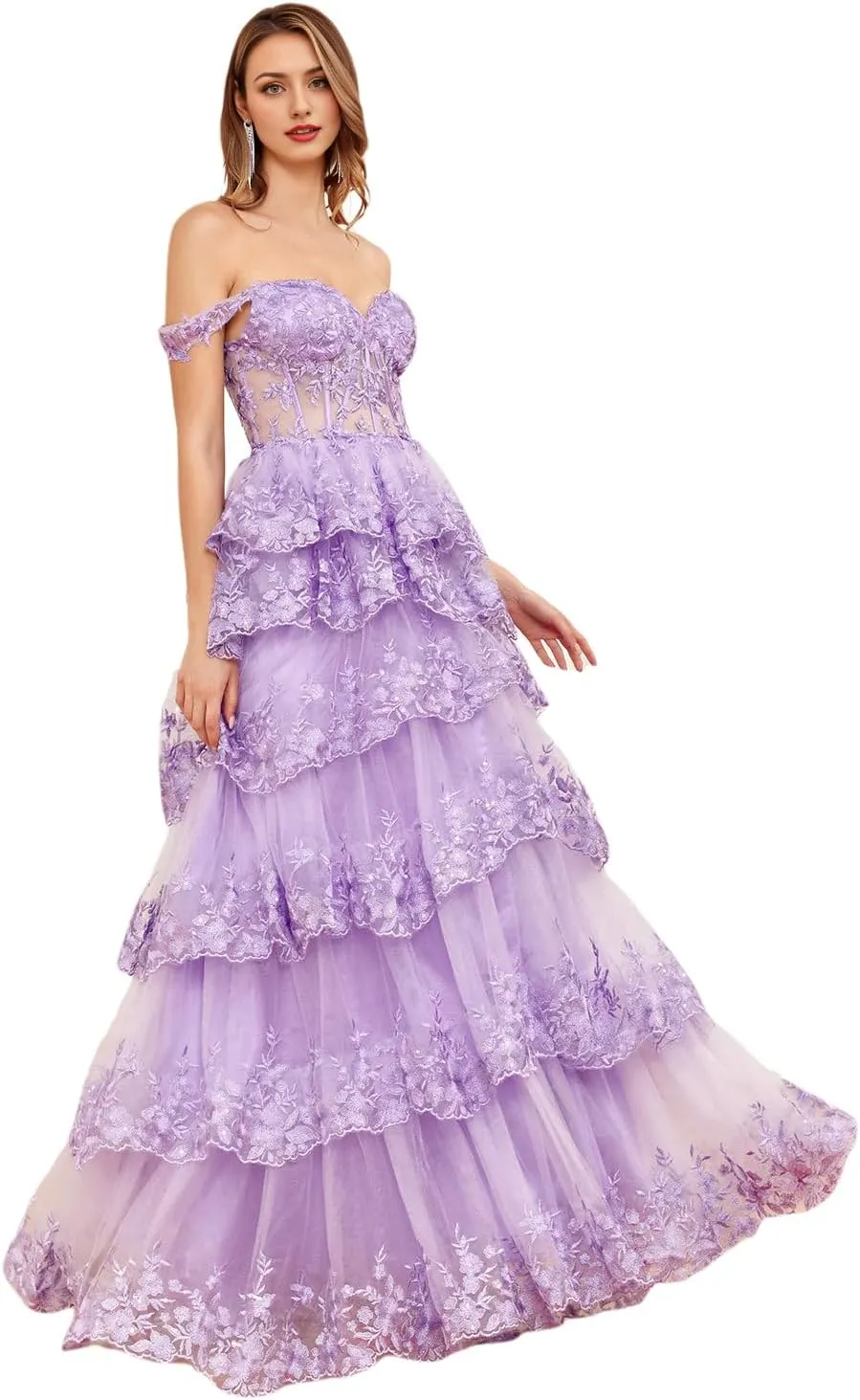 Long Formal Dresses Elegant Off Shoulder Corset Tiered Prom Dress with Slit