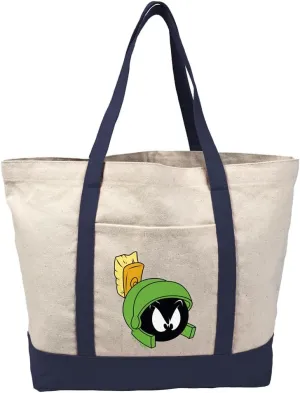 Looney Tunes Marvin the Martian Canvas Tote Bag With External Pocket, Reusable Shoulder Bag for Shopping, Beach, Navy