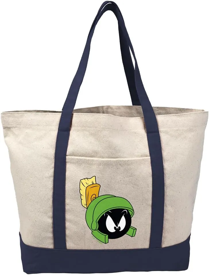 Looney Tunes Marvin the Martian Canvas Tote Bag With External Pocket, Reusable Shoulder Bag for Shopping, Beach, Navy