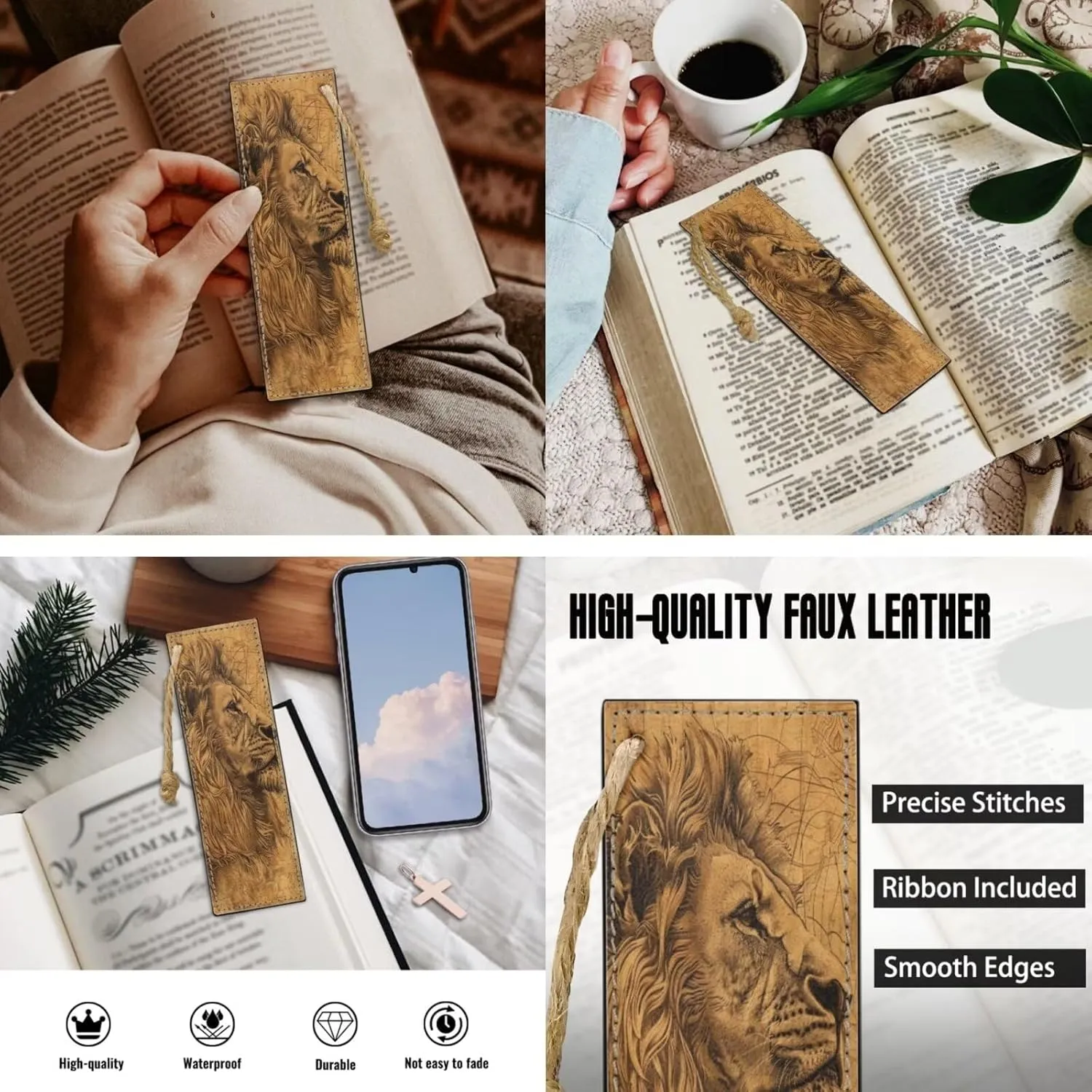 Lotusorchid Lion Print Church Bible Bag for Men, PU Leather Protective Bible Tote Bag Bible Cover Bags with 2 Bookmark, Bible Book Covers for Bible Carrying Organizer Bag, Brown, Size XL