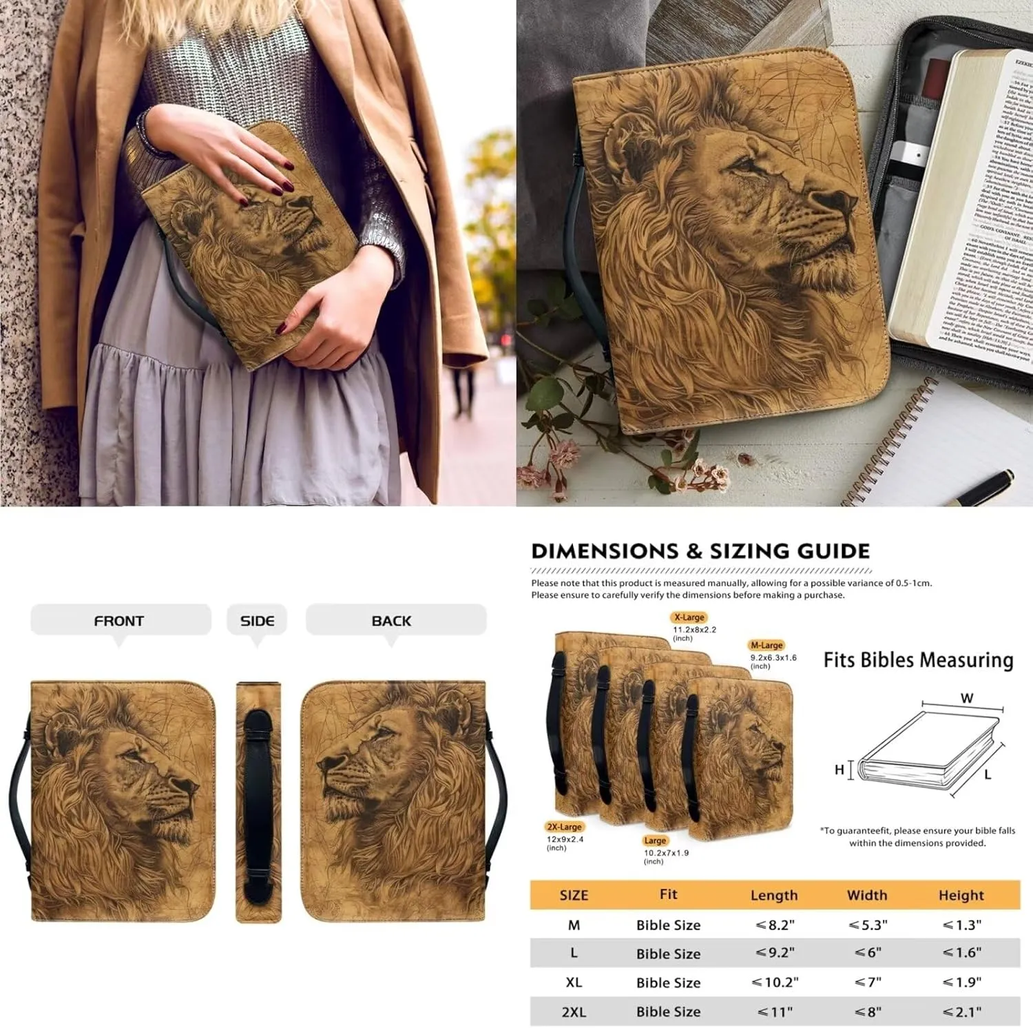 Lotusorchid Lion Print Church Bible Bag for Men, PU Leather Protective Bible Tote Bag Bible Cover Bags with 2 Bookmark, Bible Book Covers for Bible Carrying Organizer Bag, Brown, Size XL