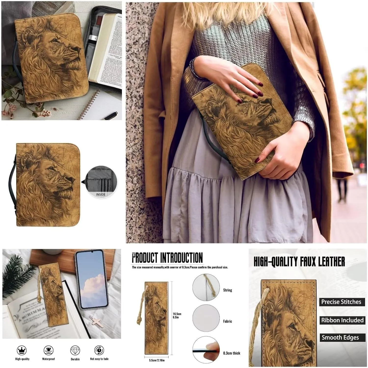 Lotusorchid Lion Print Church Bible Bag for Men, PU Leather Protective Bible Tote Bag Bible Cover Bags with 2 Bookmark, Bible Book Covers for Bible Carrying Organizer Bag, Brown, Size XL