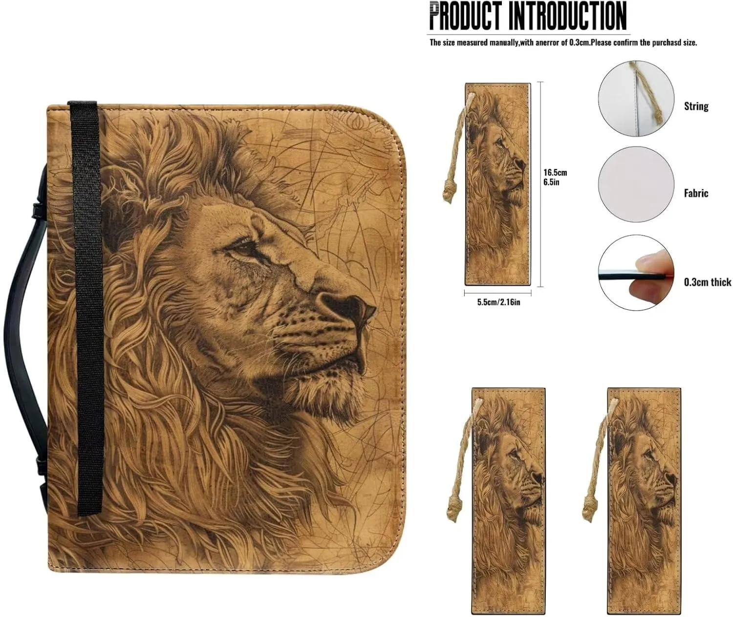 Lotusorchid Lion Print Church Bible Bag for Men, PU Leather Protective Bible Tote Bag Bible Cover Bags with 2 Bookmark, Bible Book Covers for Bible Carrying Organizer Bag, Brown, Size XL