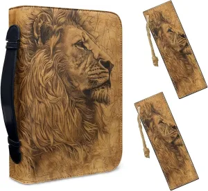 Lotusorchid Lion Print Church Bible Bag for Men, PU Leather Protective Bible Tote Bag Bible Cover Bags with 2 Bookmark, Bible Book Covers for Bible Carrying Organizer Bag, Brown, Size XL