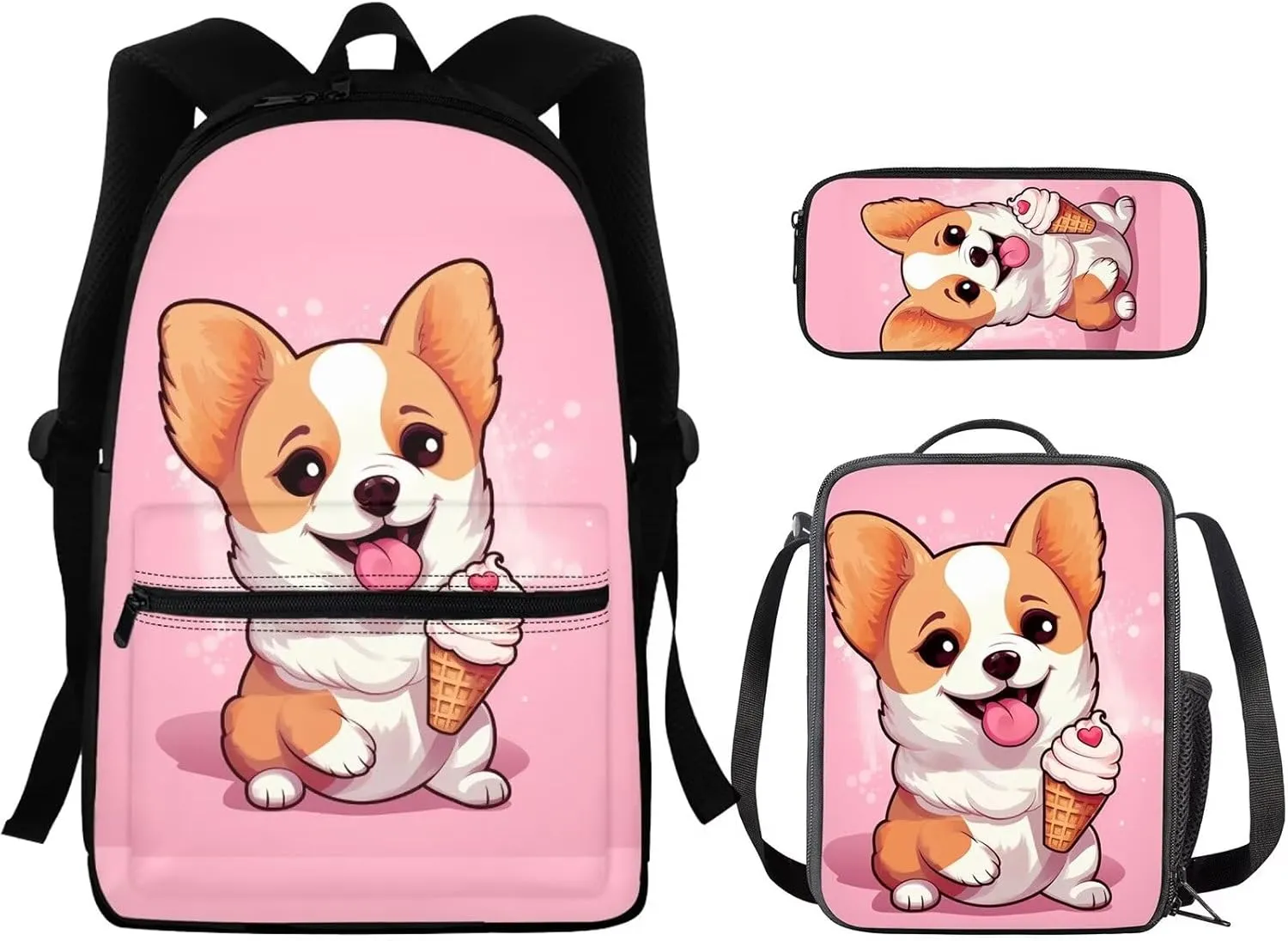 Lovely Corgi Ice Cream Print Backpack Boys 10-12 Multi-Functional Portable Girls Bookbag with Lunch Box Thick Portable Tote Bag School and Mini Pencil Case for Back to School Gifts