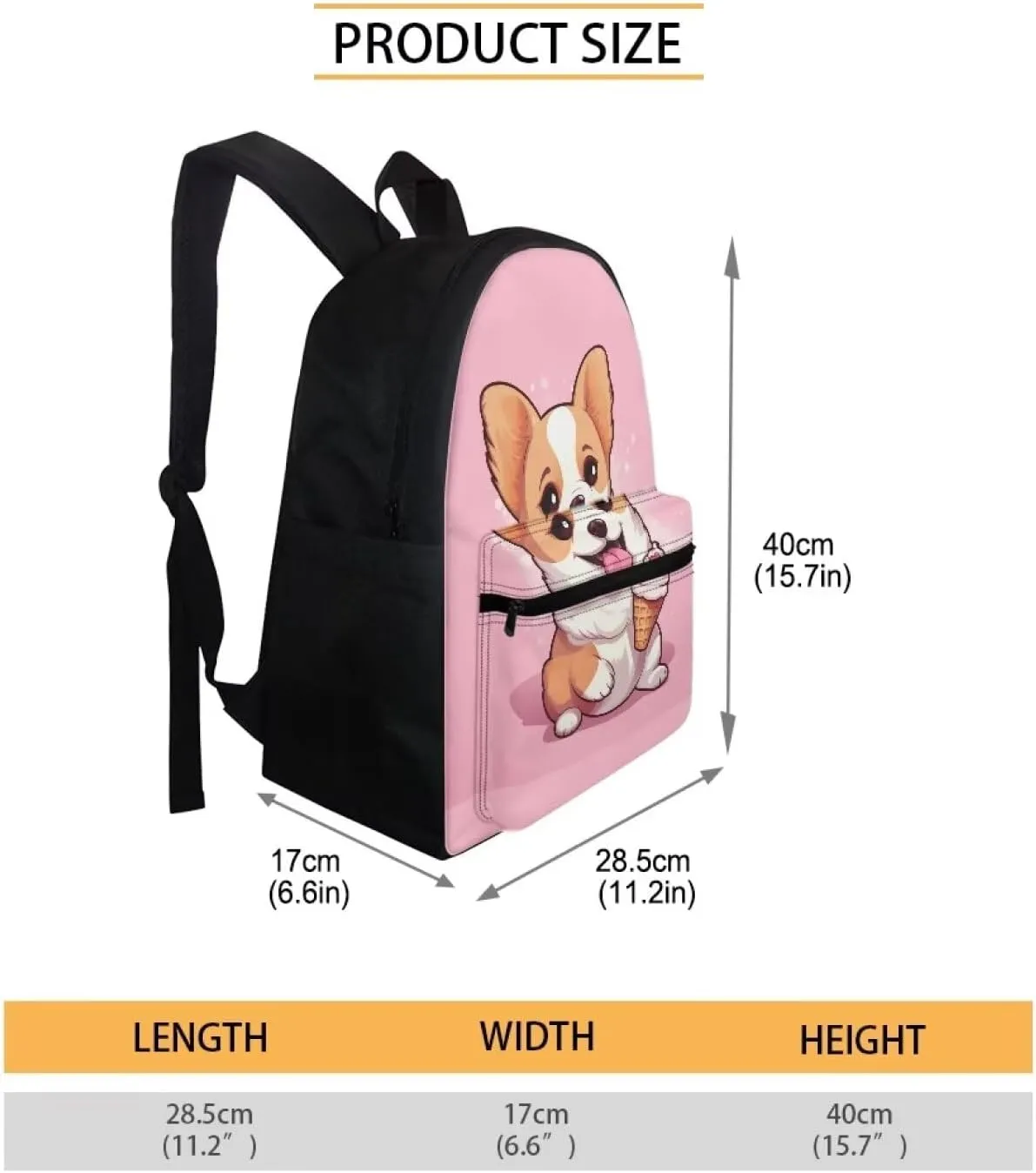 Lovely Corgi Ice Cream Print Backpack Boys 10-12 Multi-Functional Portable Girls Bookbag with Lunch Box Thick Portable Tote Bag School and Mini Pencil Case for Back to School Gifts