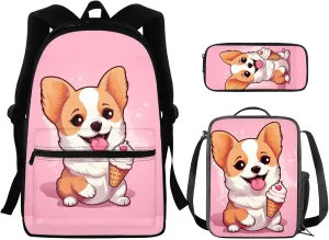 Lovely Corgi Ice Cream Print Backpack Boys 10-12 Multi-Functional Portable Girls Bookbag with Lunch Box Thick Portable Tote Bag School and Mini Pencil Case for Back to School Gifts