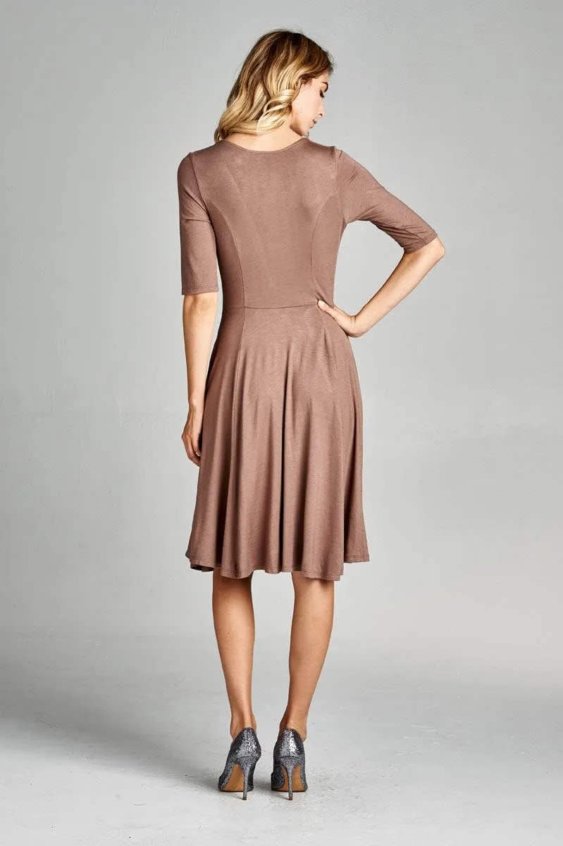 Loving People Solid Half Sleeve V Neck Flared Dress with Side Pockets