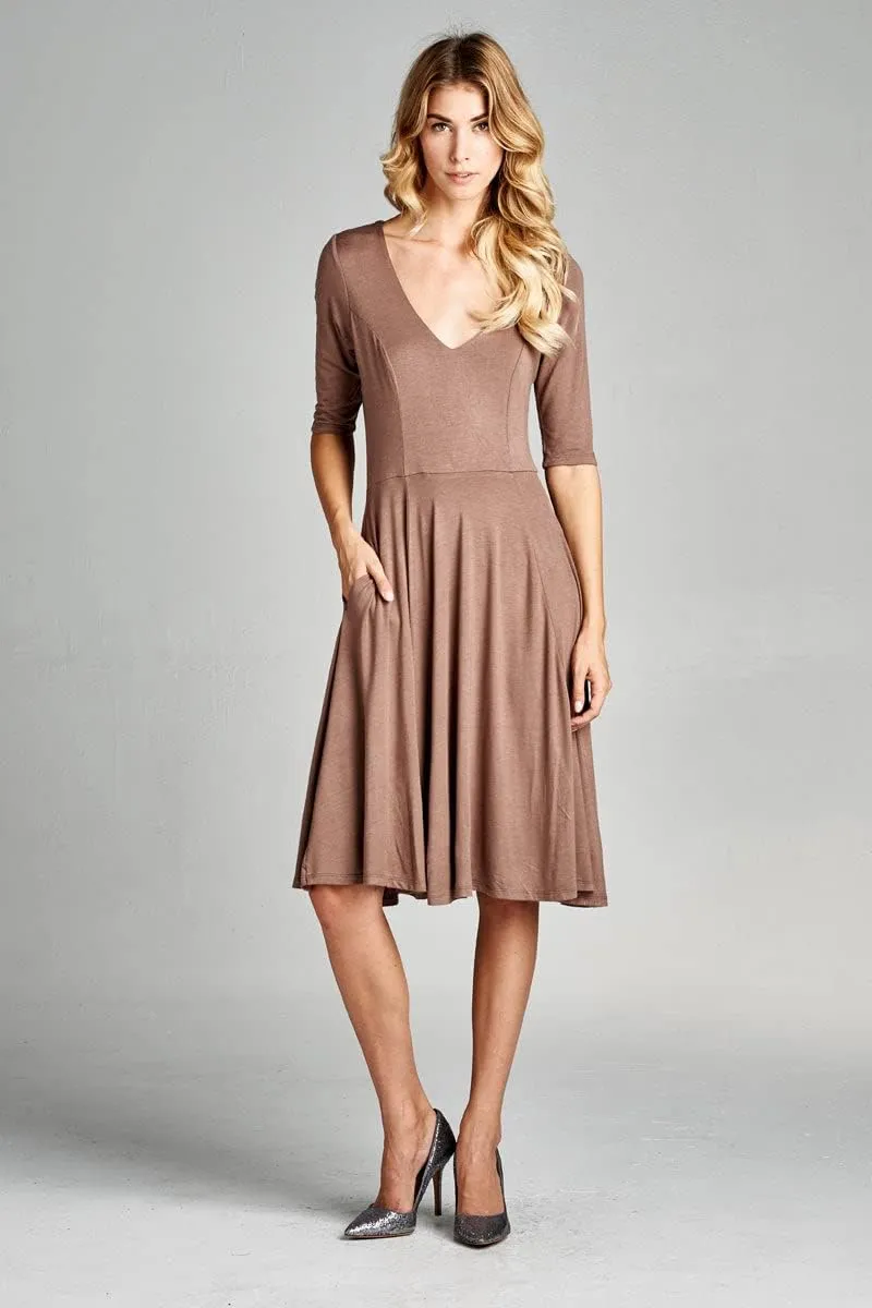 Loving People Solid Half Sleeve V Neck Flared Dress with Side Pockets