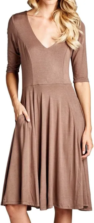 Loving People Solid Half Sleeve V Neck Flared Dress with Side Pockets
