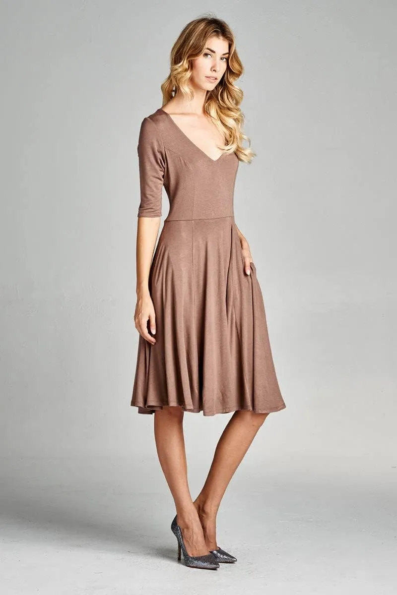 Loving People Solid Half Sleeve V Neck Flared Dress with Side Pockets