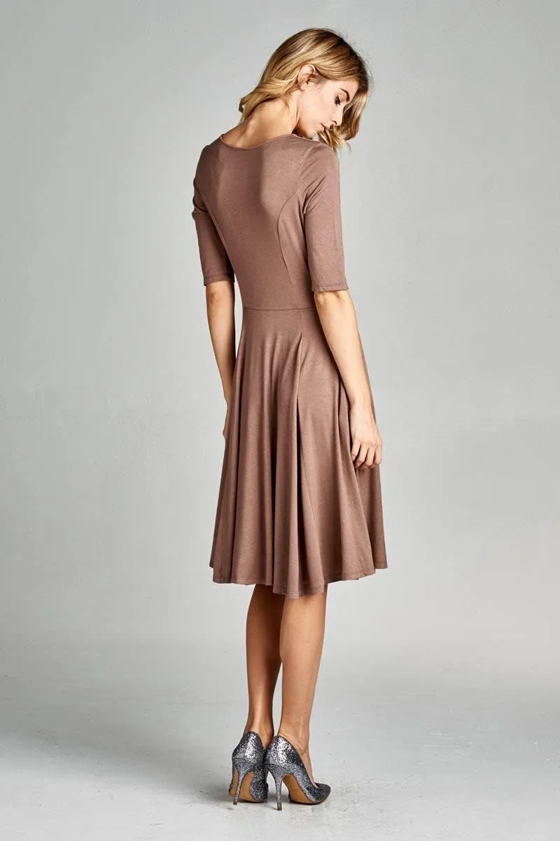 Loving People Solid Half Sleeve V Neck Flared Dress with Side Pockets