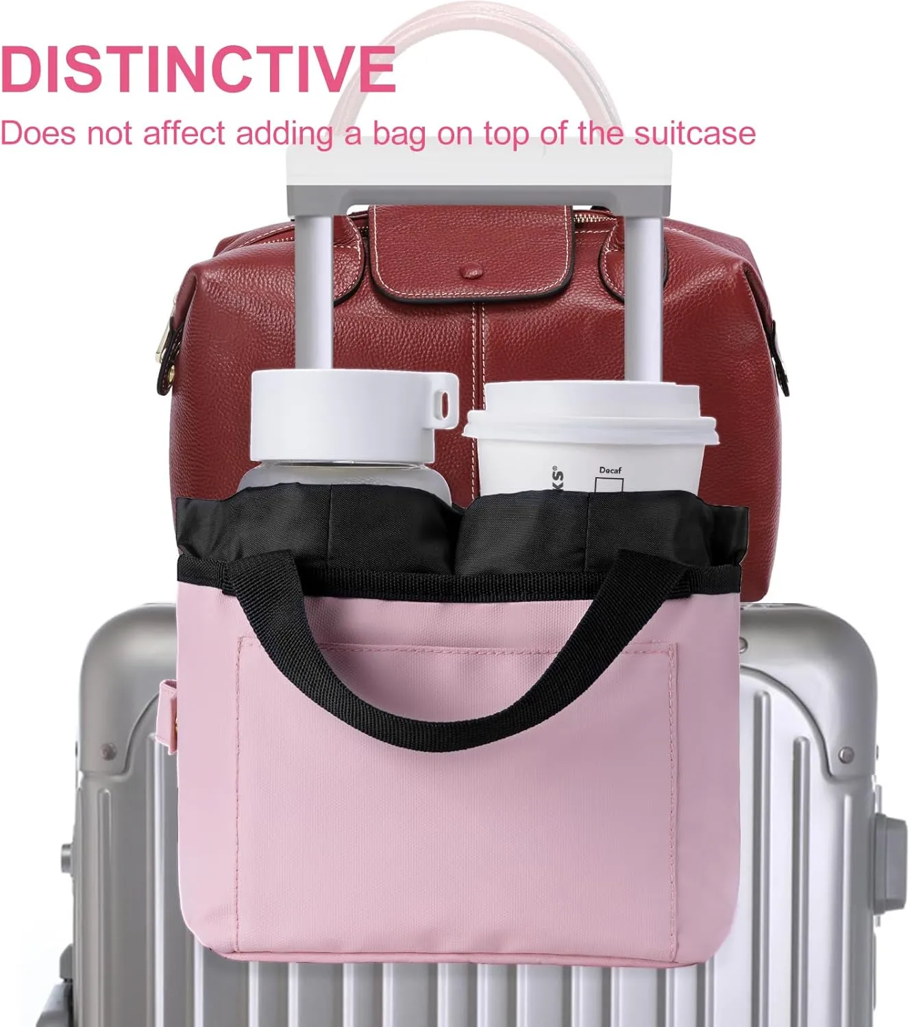 Luggage Cup Holder - Multifunctional Travel Caddy - Fits Suitcase Handles, Also, as a Stroller & Automotive Cup Holder - Pink