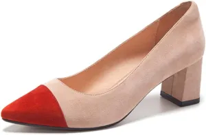 Lutalica W Women's Trendy Pointed Cap Toe Slip On Comfort Two-Toned Chunky High Heel Pumps for Office Evening Wedding