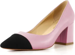 Lutalica W Women's Trendy Pointed Cap Toe Slip On Comfort Two-Toned Chunky High Heel Pumps for Office Evening Wedding