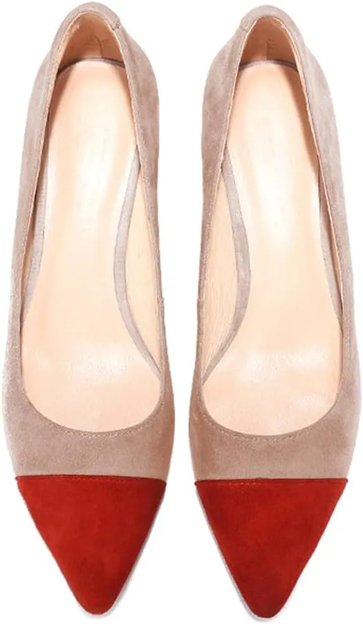 Lutalica W Women's Trendy Pointed Cap Toe Slip On Comfort Two-Toned Chunky High Heel Pumps for Office Evening Wedding