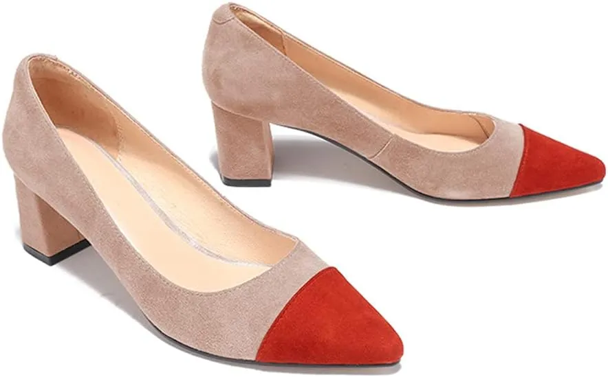 Lutalica W Women's Trendy Pointed Cap Toe Slip On Comfort Two-Toned Chunky High Heel Pumps for Office Evening Wedding