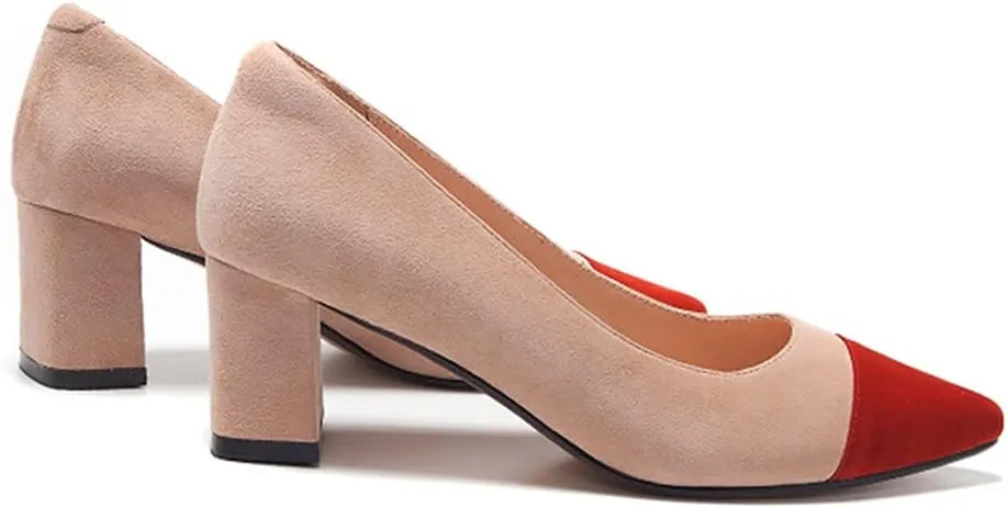 Lutalica W Women's Trendy Pointed Cap Toe Slip On Comfort Two-Toned Chunky High Heel Pumps for Office Evening Wedding